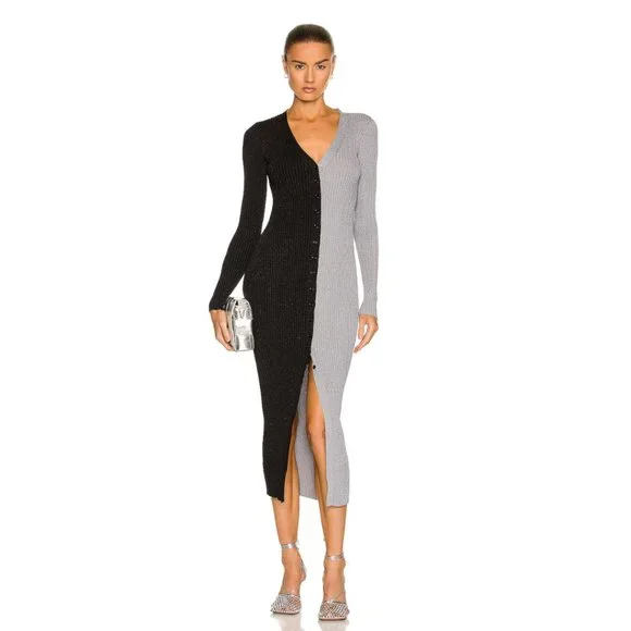 Staud Shoko Colorblock Sweater Dress Heather Grey/Charcoal Ribbed Knit V-neck XS